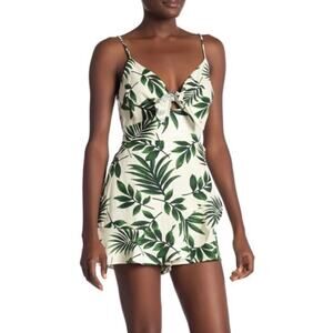 Lush Green Tropical Leaf Linen Romper Womens Small Faux Wrap Skirt Twist Front